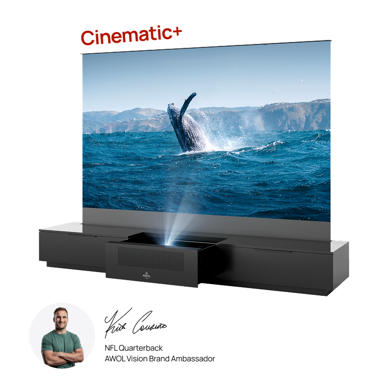 AWOL Vision Vanish Laser TV 3000 all in one rollable laser TV system with hidden projector cabinet