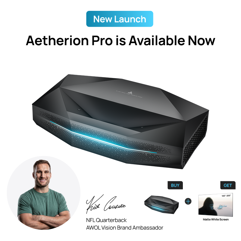 AWOL Vision Aetherion Pro 4K RGB laser ultra short throw projector for home theater rooms