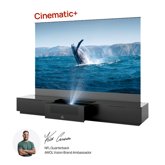 AWOL Vision Vanish Laser TV 3000 all in one rollable laser TV system with hidden projector cabinet